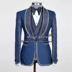 Navy Groom Wear Wedding Suits Tailor Made Crystals Beaded Blazer Vest Pants 3 Pieces Formal Business Men's Tuxedos costume homme