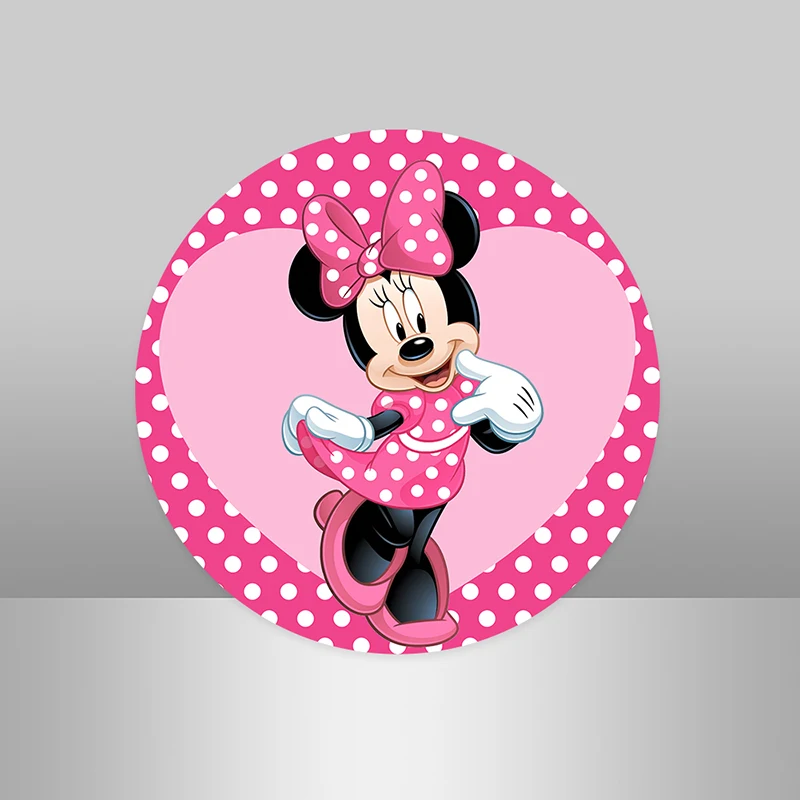 Rosa Pink Minnie Mouse Circle Backdrop for Girl Birthday Party Decor Polka Dots Baby Shower Round Background Photo Plinth Covers