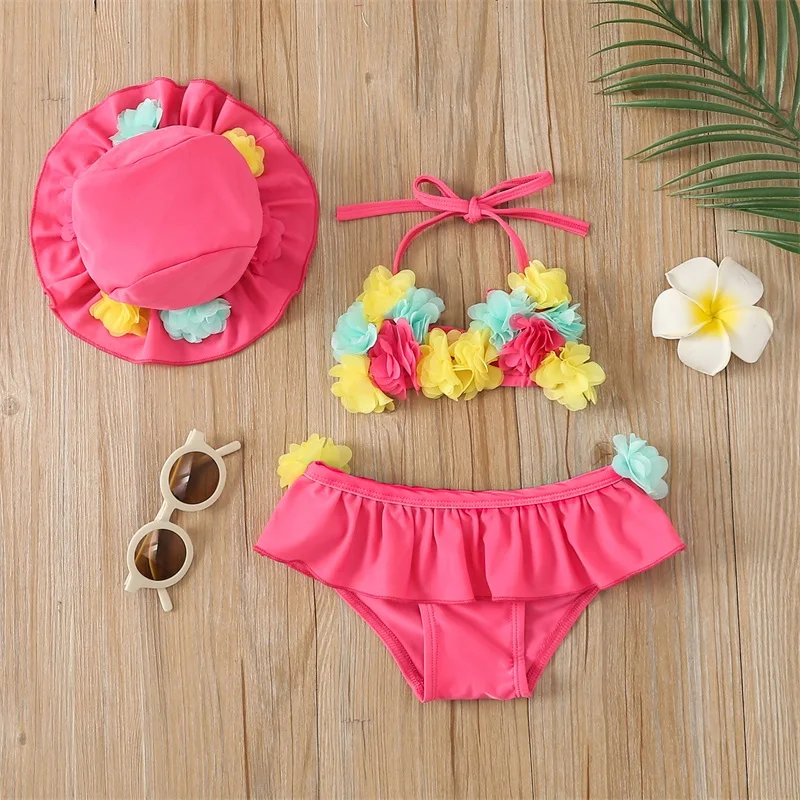 Infant Baby Girl Beach Swimsuit Flower Halter Neck Tops + Ruffle Shorts + Swim Caps 3pcs Bikini Set Summer Swimwear Bathing Suit