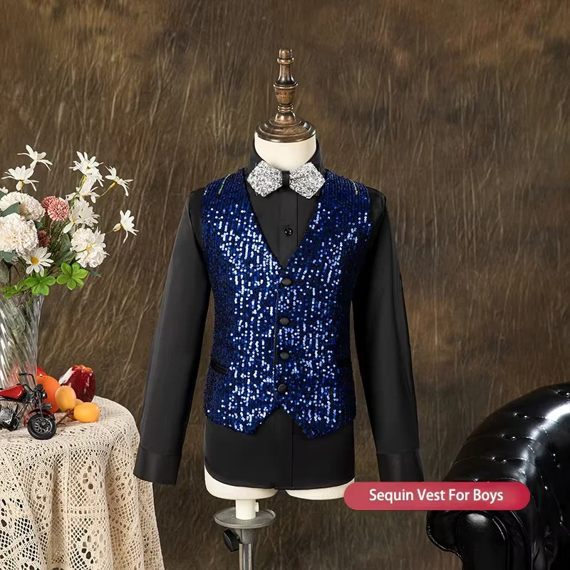 Fashion Children Shining Sequin Suit Vest Blue Boy\'s Luxury Latin Dance Party Stage Performance Waistcoat Sets with Bowtie