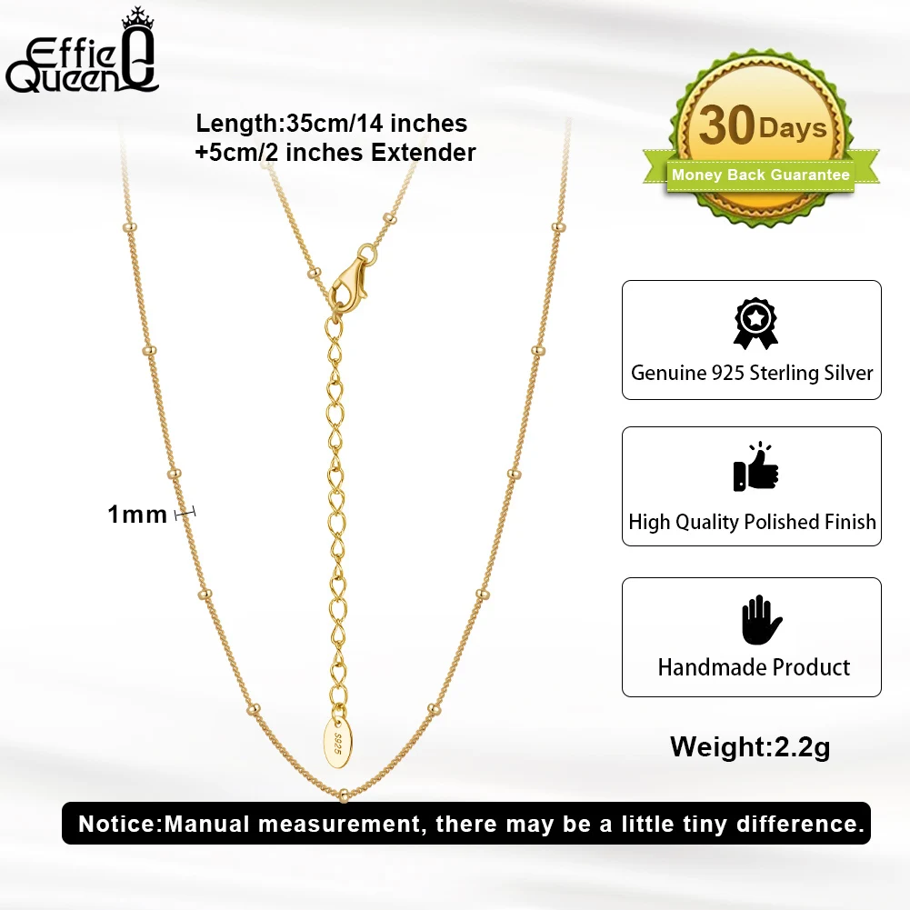 Effie Queen 14K Gold 925 Sterling Silver Cable Chain Necklace with 2.0mm Ball Beads for Women Necklace Anniversary Jewelry SC65