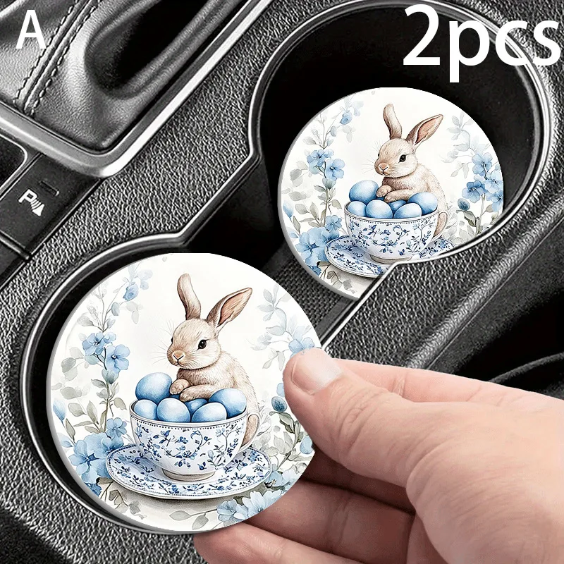 2Pcs Easter Bunny Blue Floral Teacup Pattern Leather Car Cup Holder Coasters, Anti Slip Base Waterproof Washable Auto Interior A
