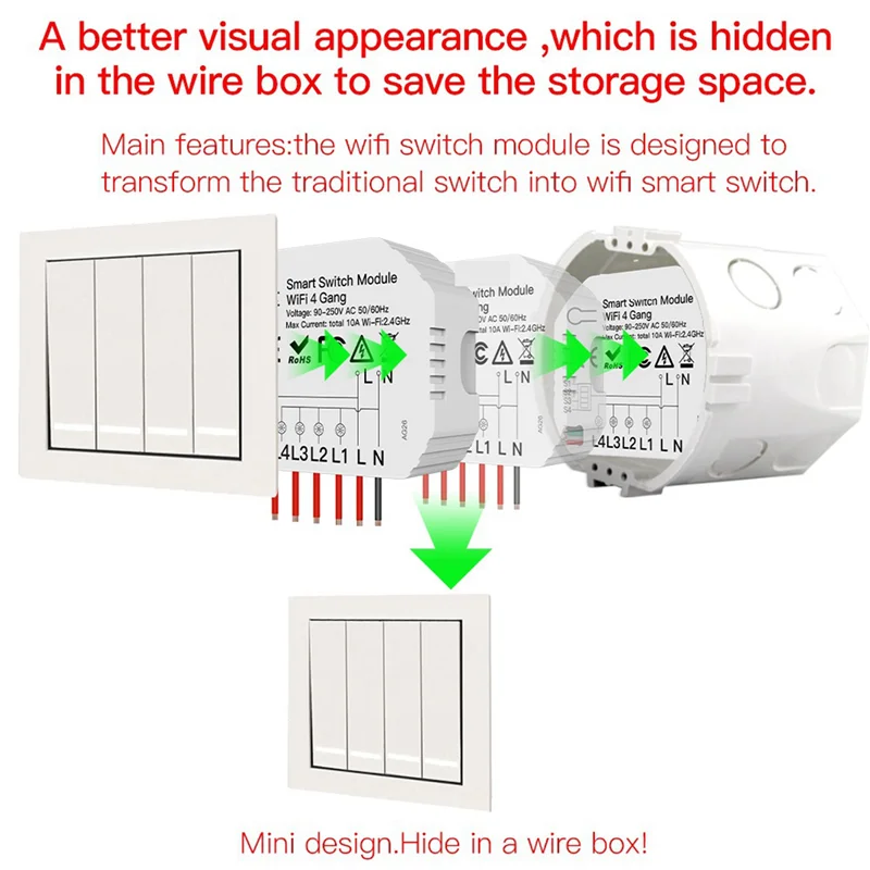 AS95-2X DIY Wifi Smart Light Switch 4 Gang 1/2 Way Module Smart Life/Tuya App Wireless Remote Control Work With Alexa Home