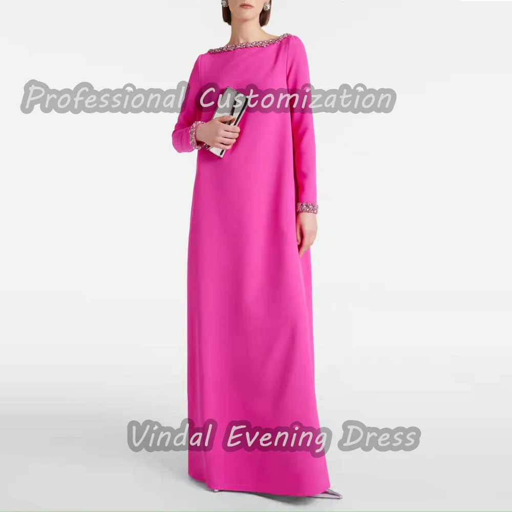 Vindal Scoop Neckline Floor Length Beaded Sexy A-Line luxurious Breast padding Crepe Elegant Long Sleeves السعود For Woman 2024