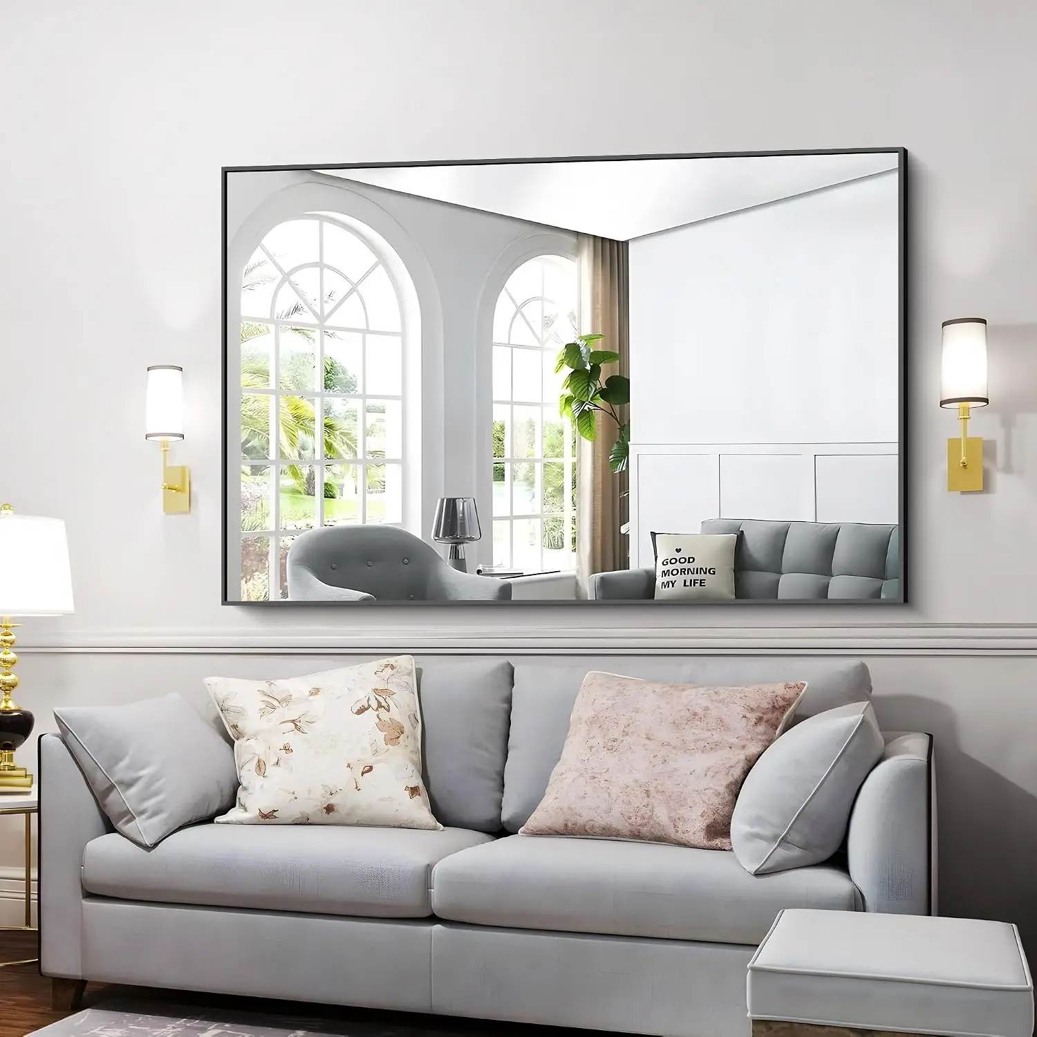 Wall Mount 60x36 Inch Rectangle Black Metal Framed Mirror Modern Vanity Decor Bathroom Living Room Entryway Hang Horizontal Vert