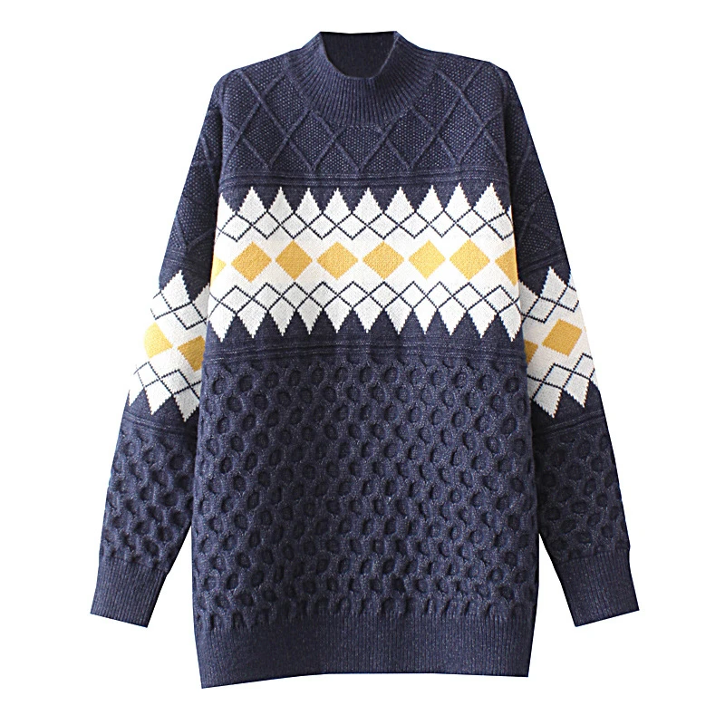 

Women Pullover 2022 Autumn New Retro Jacquard Warm Knitted Sweater Loose Stand-up Collar Long Sleeve Rhombus Sweater Tops Female