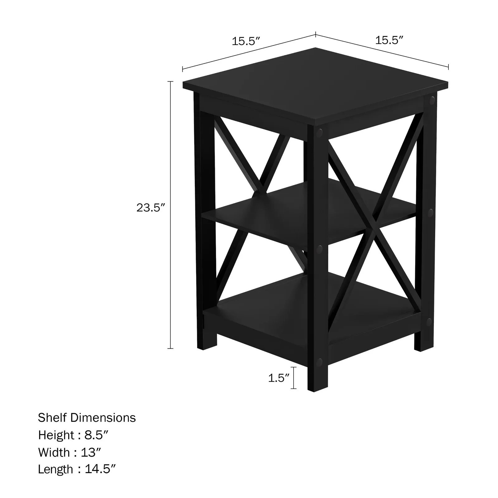 US Wooden End Table with Two Shelves and X-Shaped Design (Black)