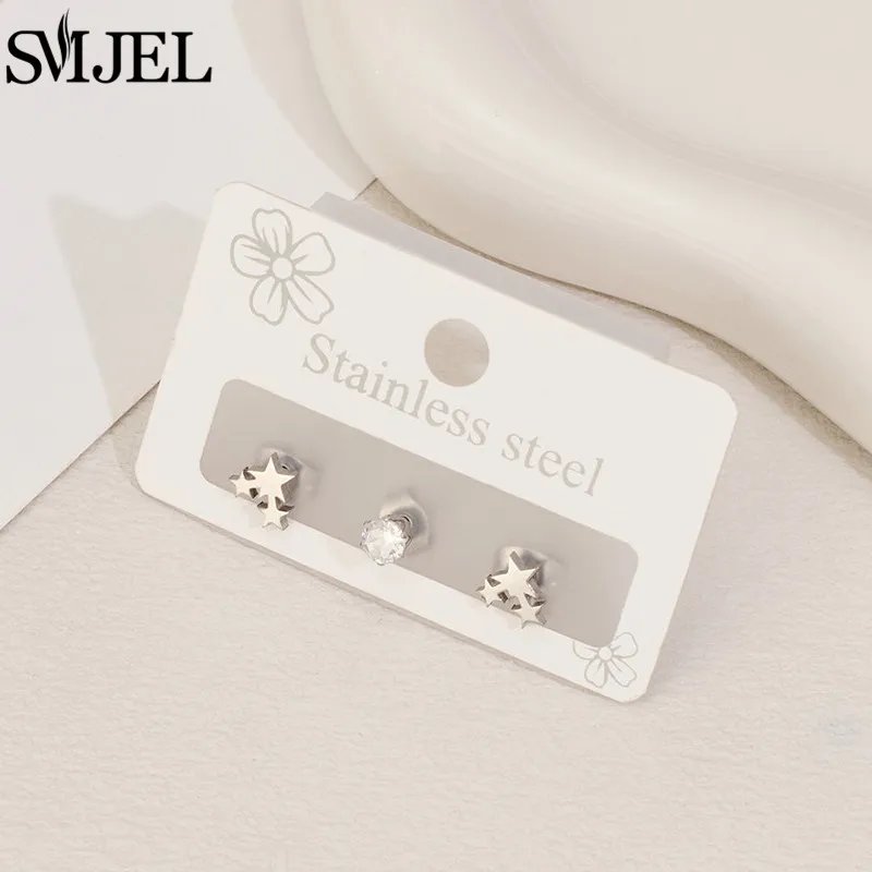 3Pcs Bijoux 2025 Tiny 3 Star Earrings for Women Shiny Crystal Stainless Steel Ear Cartilage Stud Girls Party Valentine Day Gift