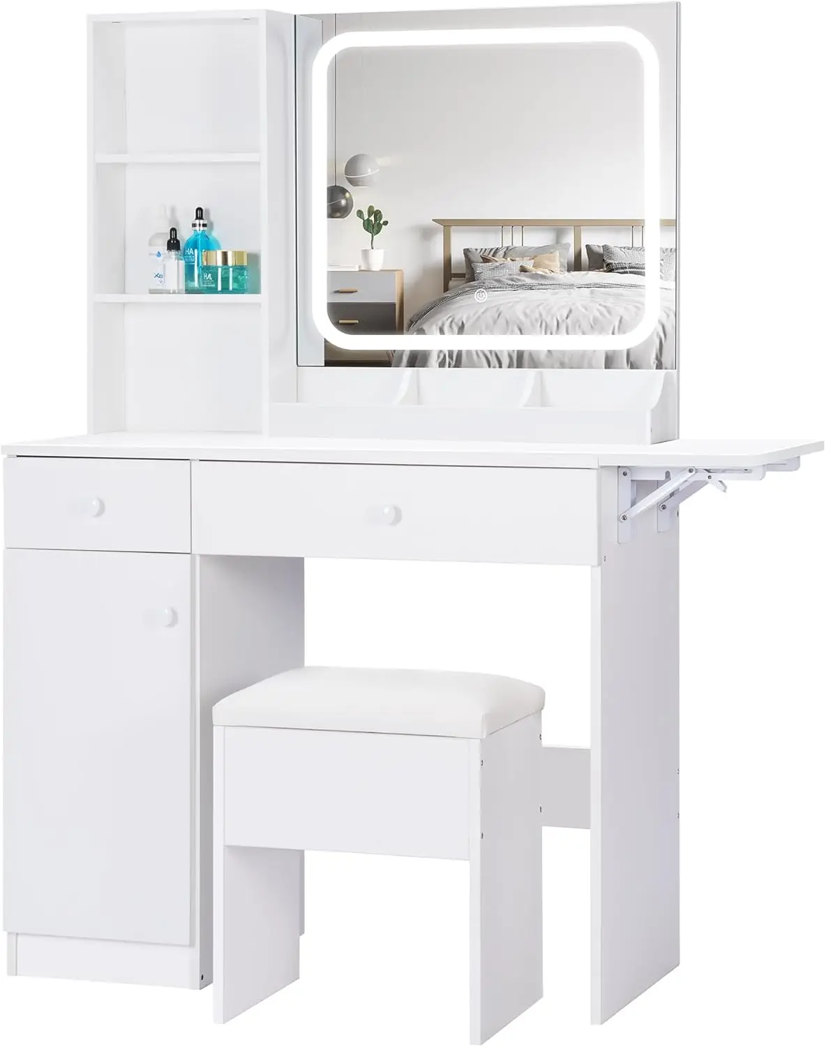 

Vanity Desk with Mirror and LED Lights, Makeup Vanity Table with Charging Station, Storage Drawers, Shelves, Adjustable Cabinet