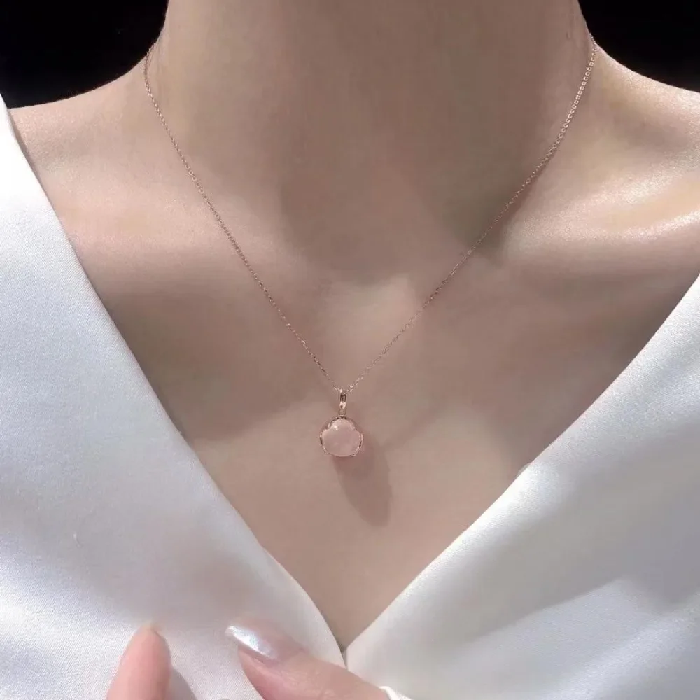 New Temperament Pink Opal Stone Pendant Necklace for Women Cute Sweet Stainless Steel Crystal Collarbone Chain Jewelry Colorfast