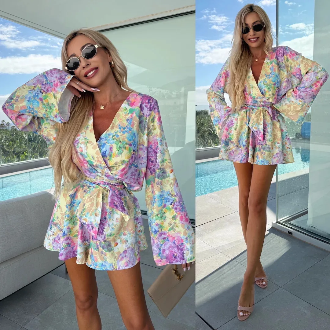 2026 Spring Summer Women Overalls Retro Print Stand Collar Wide Leg Jumpsuit Playsuit Pants Romper Clothing