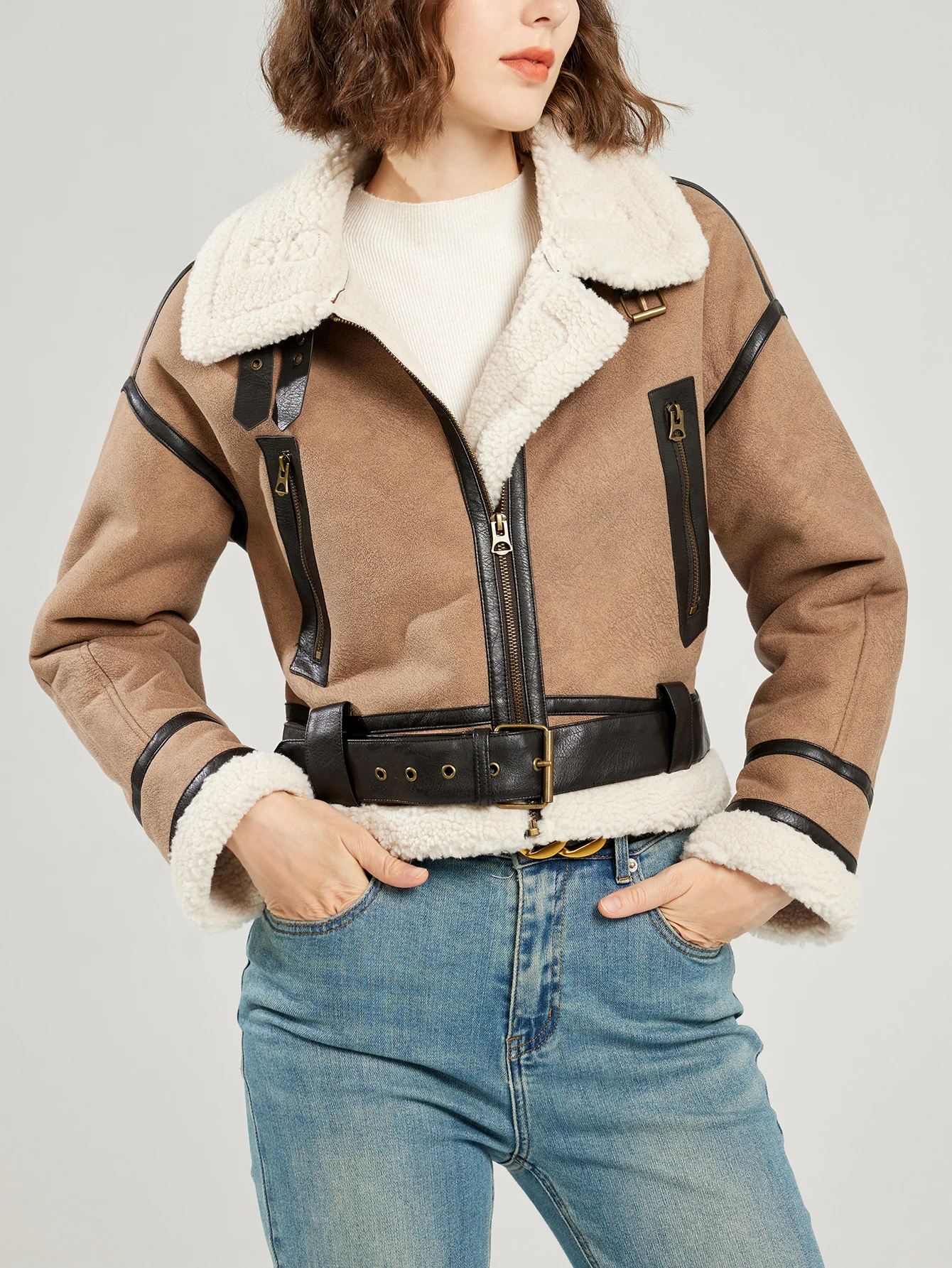 FTLZZ Autumn Winter Casual Lady Lamb Wool Patchwork Leather Coat Women Faux Suede Leather Jacket