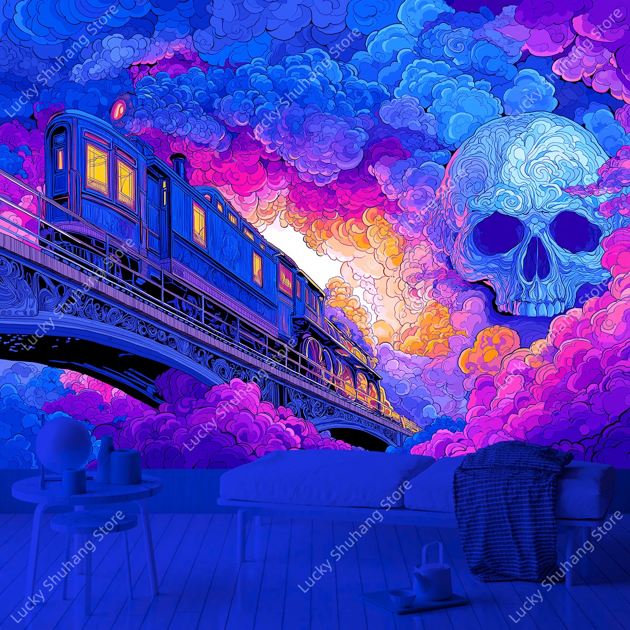 Psychedelic Vintage Train Skull UV Tapestry Mystical Wall Hanging for Bohemian Bedroom Decor Fantasy Art Hippie Aesthetic Decor