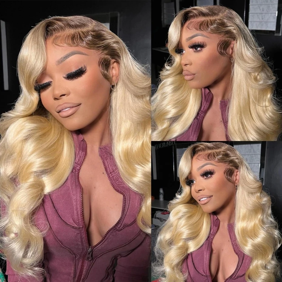 40 42 inch 613 Honey Blonde Human Hair Wigs with Dark Roots 13x6 Hd Transparent Lace Front Wig Pre Plucked with Baby Hair Body Wave 1B613 Ombre Blonde Lace Frontal Wig 220% Density
