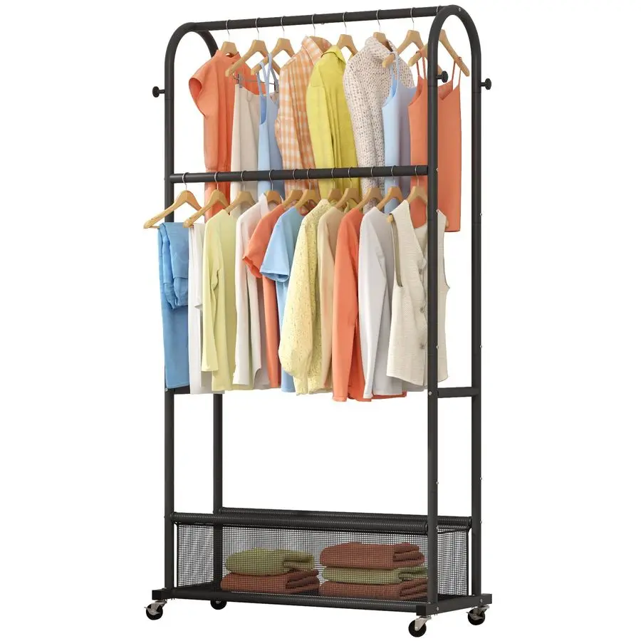 

Double Rods Clothing Rack with Wheels,Clothing Organizer for Hanging Clothes Coat Scarves Bags,Multifunctional Bedroom Garment R