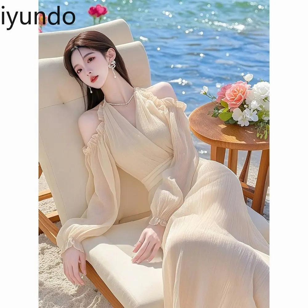 

2025 Spring New French Style High-end Temperament Elegant and Decent Holiday Style Beautiful Apricot Chiffon Dress