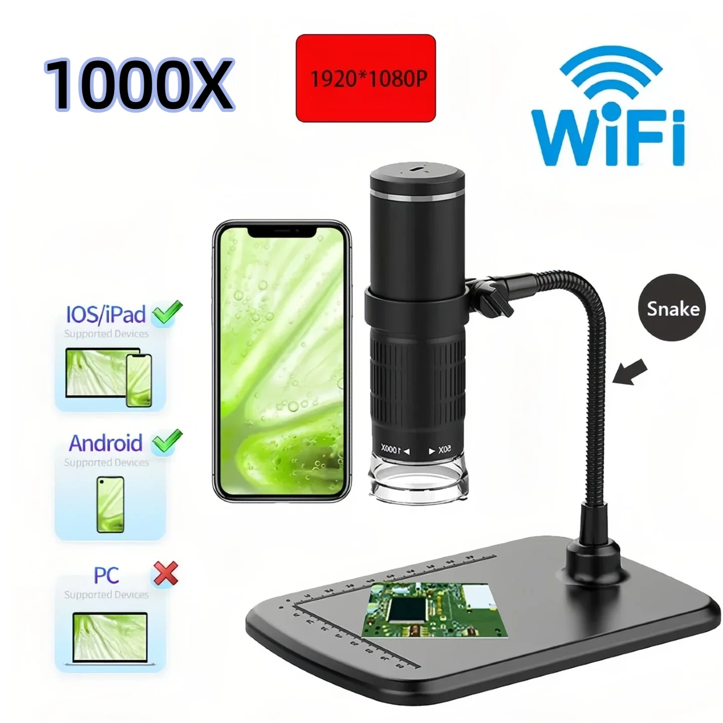 WIFI Digital Microscope 50X-1000X Magnification Portable Handheld USB Microscopes with Flexible Stand for IPhone Android