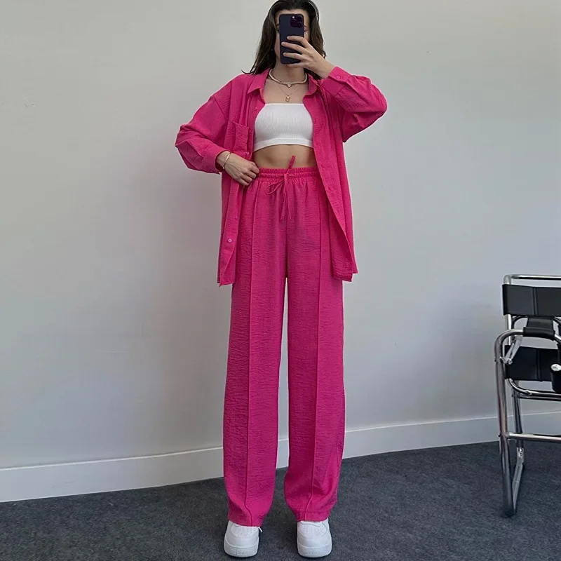 Fashion Pajamas for Women Pants Suit Solid Long Sleeve Shirt Blouse Drawstring Wide Leg Pants Pijama Sleepwear Streetwear Outfit