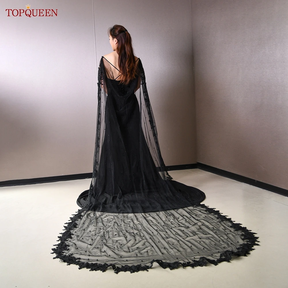 

TOPQUEEN VG59 Sexy Black Lace Long Cape Detachable Pin Shoulder Cover Suspenders Dress Accessories Jacket