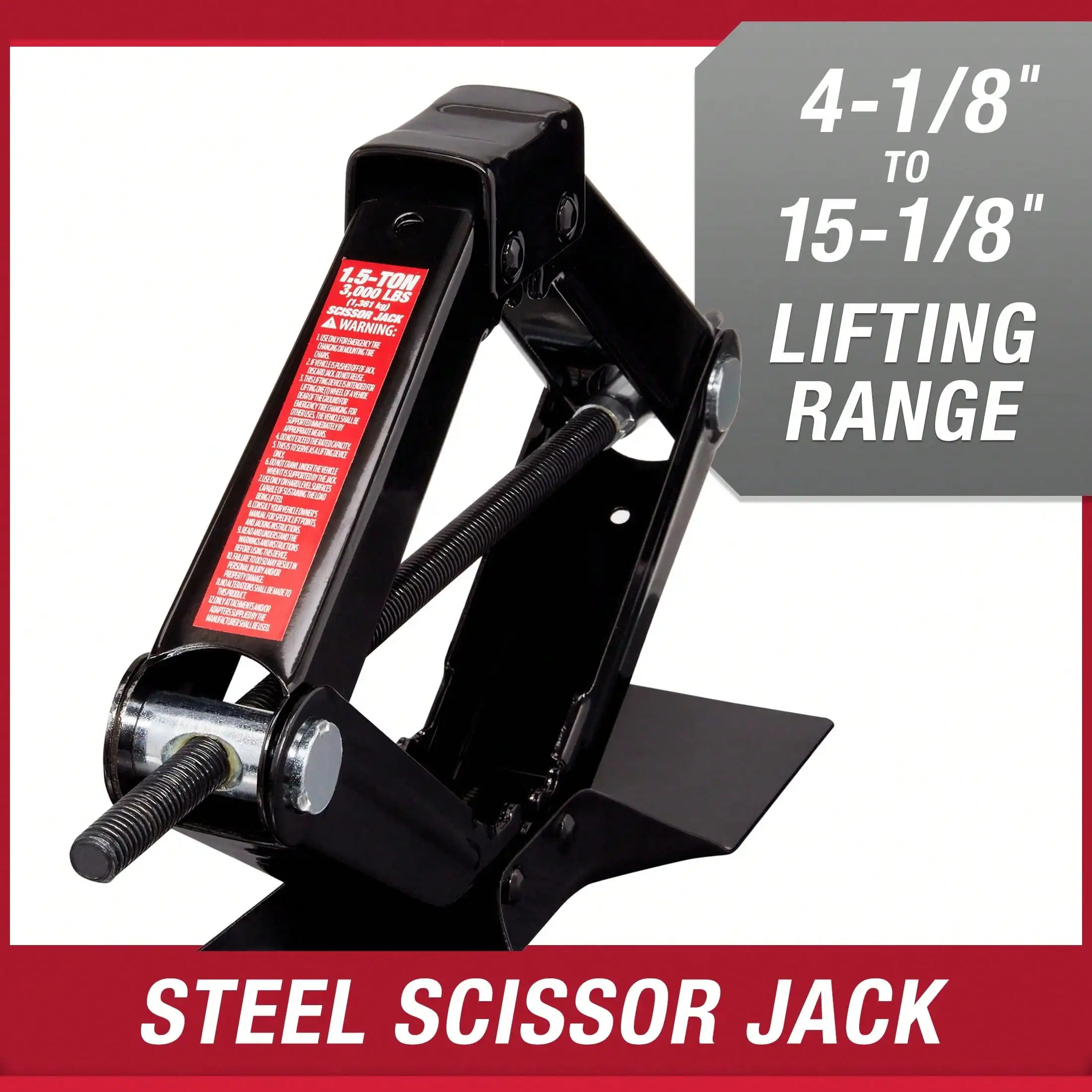 Lifting scissor jack, 1.5 ton, black Capacity 3,000 lbs Lifting range: 3.75" to 15-3/8"