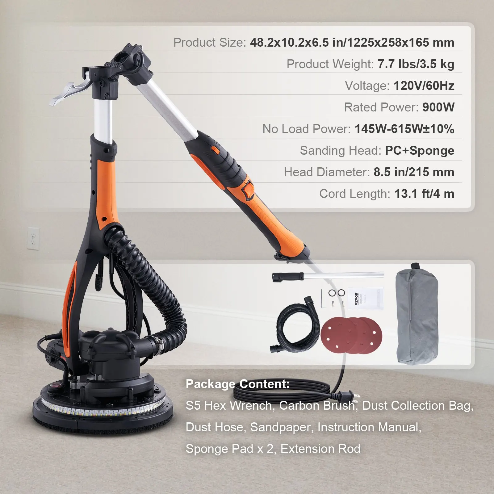 Drywall Sander 850W Brush Motor 800-1800RPM Variable Speed & Self-Suction Brush Motor Wall Grinder Sander