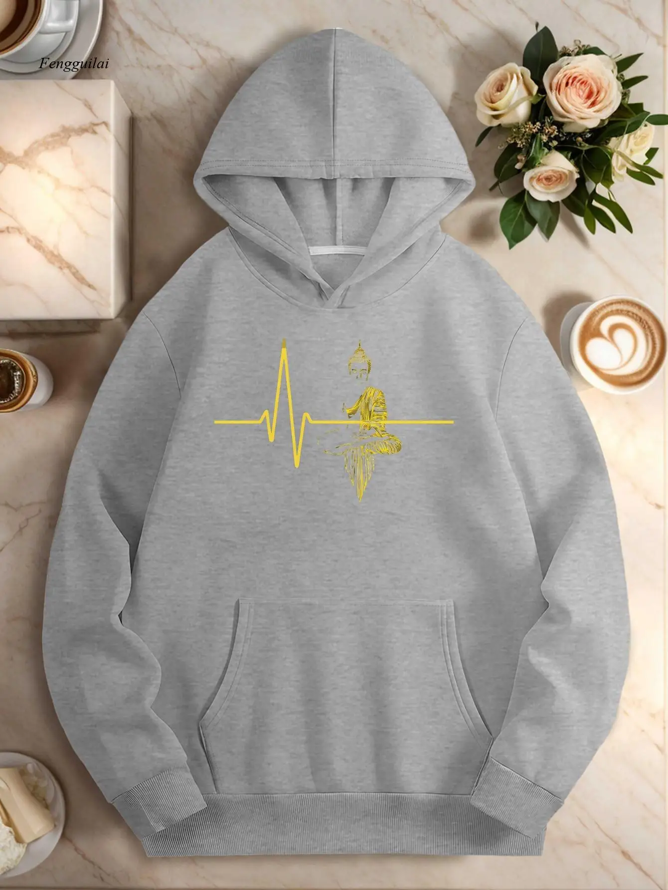 Red Hoodie with Yellow ECG Heartbeat Line & Meditating Buddha Design - Mindfulness Meditation Sweatshirt