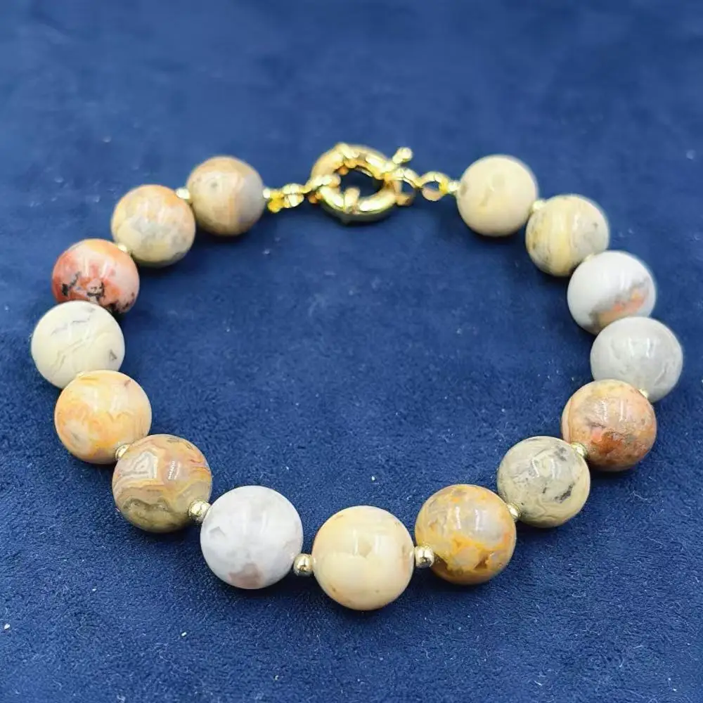 10mm Woman Jewelry Natural Crazy Lace Agate Gemstone Round Beads Spring Ring Clasp Bracelet 17-23cm