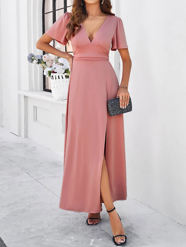 

Women's 2025 Spring and Summer Slim Fit Pure Color V-Neck Slit Sexy Temperament Elegant Dress Vestidos De Fiesta