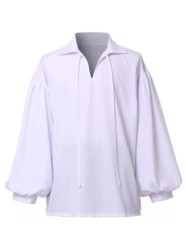 Imagen 2 del producto Camisa pirata medieval retro con cuello en V para hombre, beige, corte holgado con mangas caídas, top informal para todas las estaciones para Halloween y ca