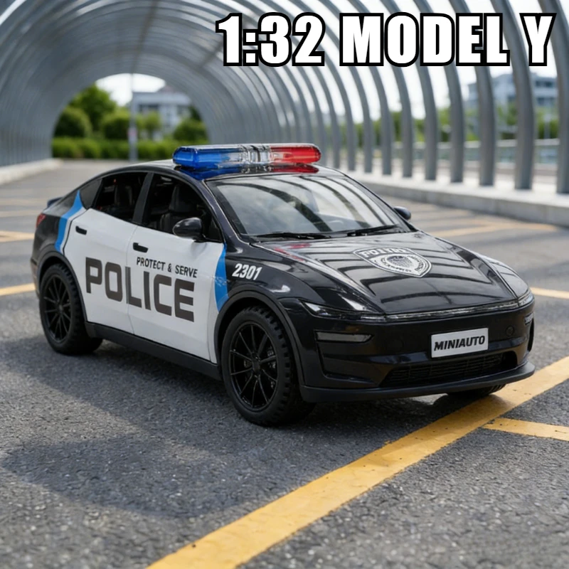 

1:32 Model Y Police Car New Energy Car Model Alloy Diecast Sound and Light Toys Children's Gifts Hobbies and Collections