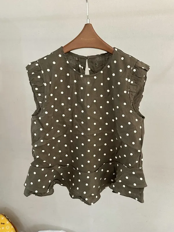 

Sweet 100% Linen Polka Dot Sleeveless Shirt Summer Ageless Lace Trim Lightweight Versatile Women's Fashion French Style round...
