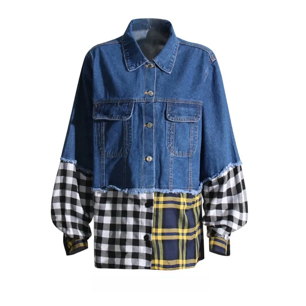 

Women's Trendy Street Style Denim Jacket Color-Block Long Sleeve Loose Fit Versatile Coat New Design