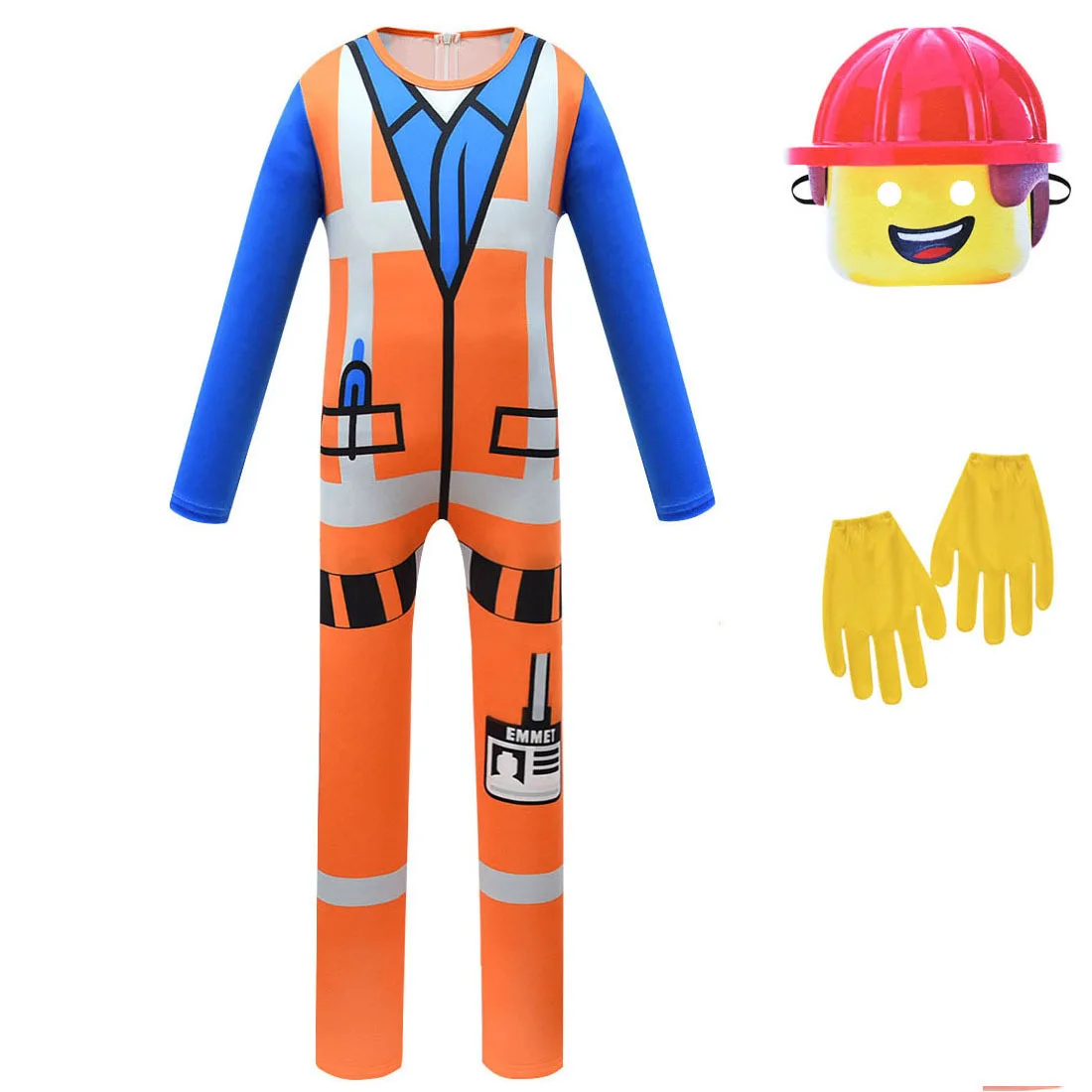 Kids Cartoon Movie Emmet Engineer Long Sleeves Jumpsuit Gloves Mask Set Outfit for Boys Christmas Halloween Cosplay Costume