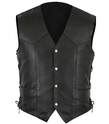 Motorcycle Motorbike Classic Plain Side Laced Leather Vest waistcoat