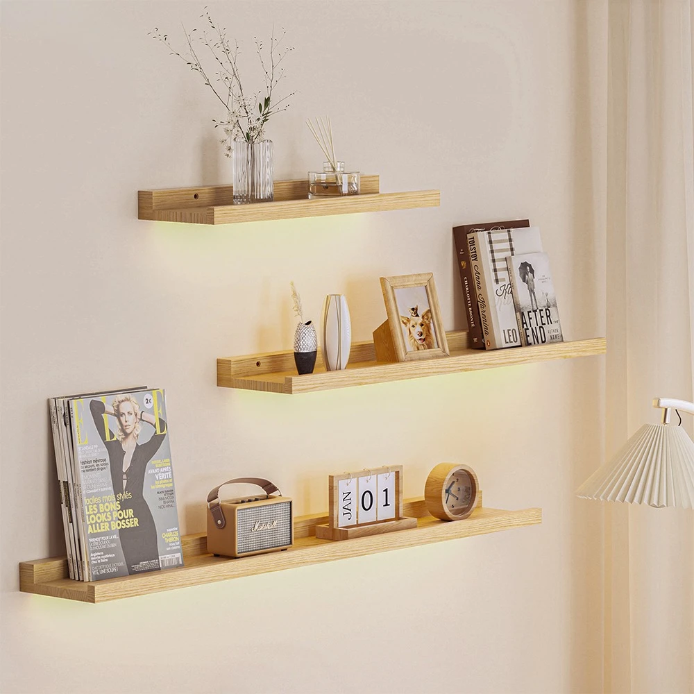 Solid Wood Storage Rack Led Wall Lamp Multi Functional Decoration Shelf Living Room Study CAFE Office Sconces House Night Light