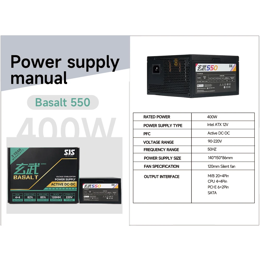 

SEJISHI fonte 400W PC PSU Power Supply Unit Black Gaming Quiet 120mm Fan 24pin 12V ATX Desktop Computer Power Supply Diy Gaming