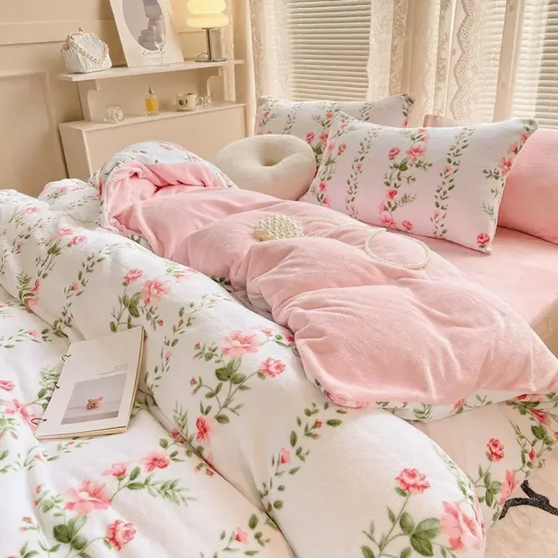 Super soft flannel duvet cover double-sided bed sheet large coral fleece duvet cover thick warm velvet plush 4-piece set
