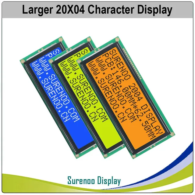 Moduł wyświetlacza LCD Surenoo Larger 204 20X4 2004, ekran LCM, niebieski, żółty, zielony, FSTN, białe podświetlenie LED, angielski, japoński.