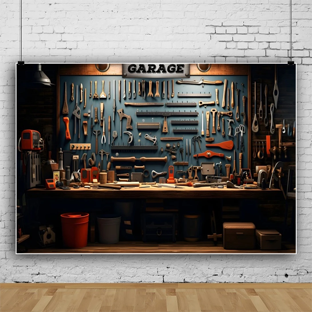 Laeacco Vintage Garage Backdrop Car Repair Tools Wood Wall Workshop Warehouse Mechanic Party Portrait Photography Background