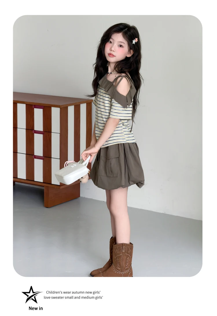 Sommer-Outfits für Teenager-Mädchen: Modisches Schulterfreies Gestreiftes Oberteil + Bloomer-Shorts, Kinderkleidung, Zweiteilige Sets, 6 8 10 12 14 Jahre – Detail 6