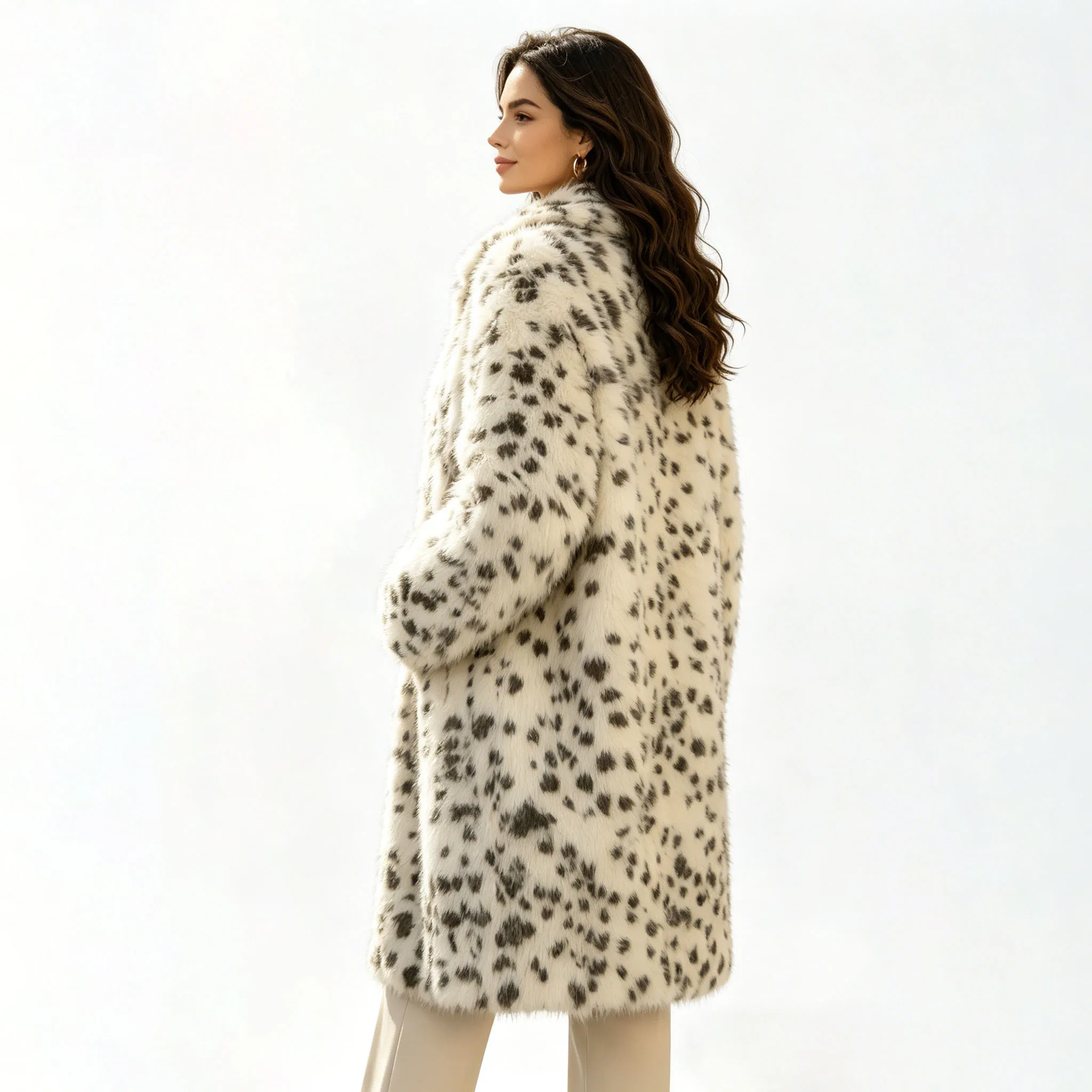Women's Trendy Spotted Faux Fur Long Coat Fluffy Warm Winter Jacket Fashion Outerwear for Daily Commute & Party