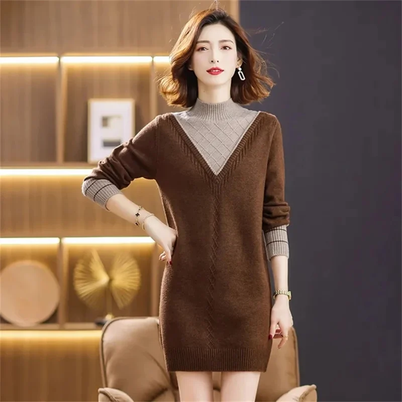 Long Sweater In Autumn Winter Women's Fashion Loose Pullover Dress Ladies Fake Two Pieces Semi-High Neck Knitted Bottoming Shirt