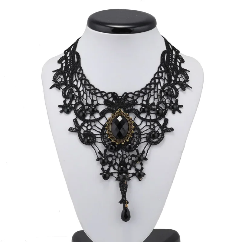 New Trendy Gothic Victorian Black Lace Necklace for Women Water Drop Lace Choker Necklace Steampunk Collar Vintage Jewelry