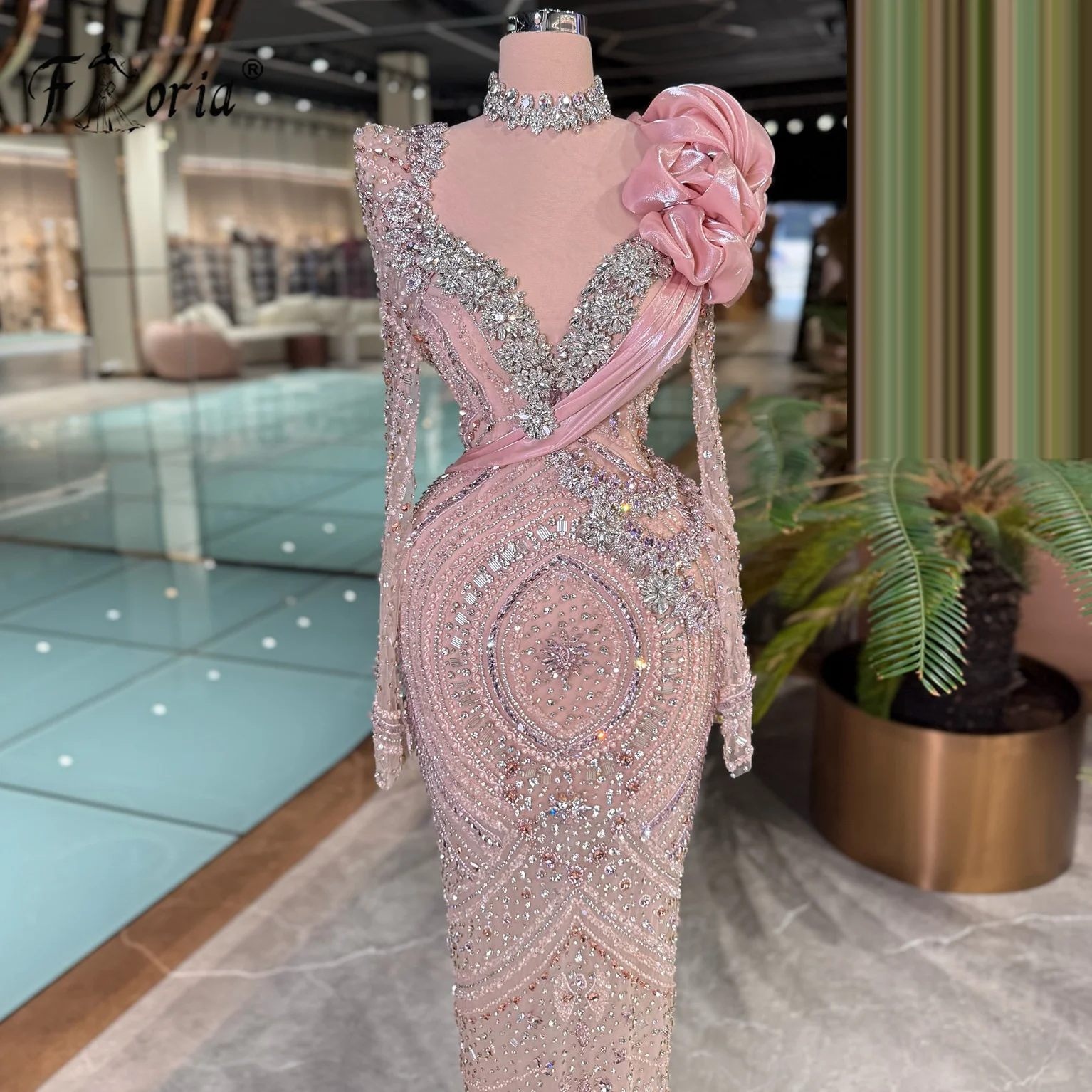 

2026 Customized Pink High Neck Mermaid Evening Dress Fully Handmade 3D Flower Crystal Beaded Long Sleeve Luxo Formal Party Gown