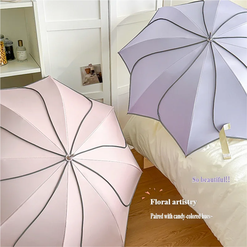 Korean-style Automatic Petal Long Handle Umbrella, Dual-use for Sun & Rain, Women's Extra Large Windproof Reinforced High-Value