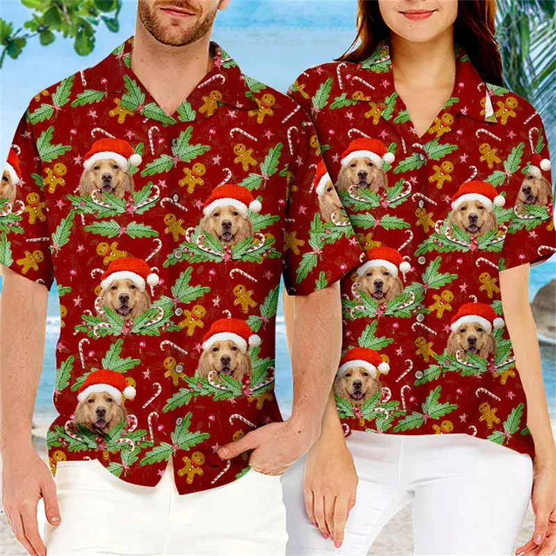 Candy Cane & Gingerbread Pattern Men Hawaiian Shirt Summer Cool Women Children Dog Face Short Sleeve Tops Vacation Shirts Gift