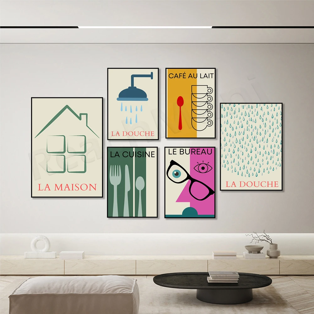 La Douche-Druck, französisches Poster, Badezimmer-Regentropfen, La Gourmet, französischer Kaffee, Duschdruck, moderne Küchendekoration aus der Mitte des Jahrhunderts