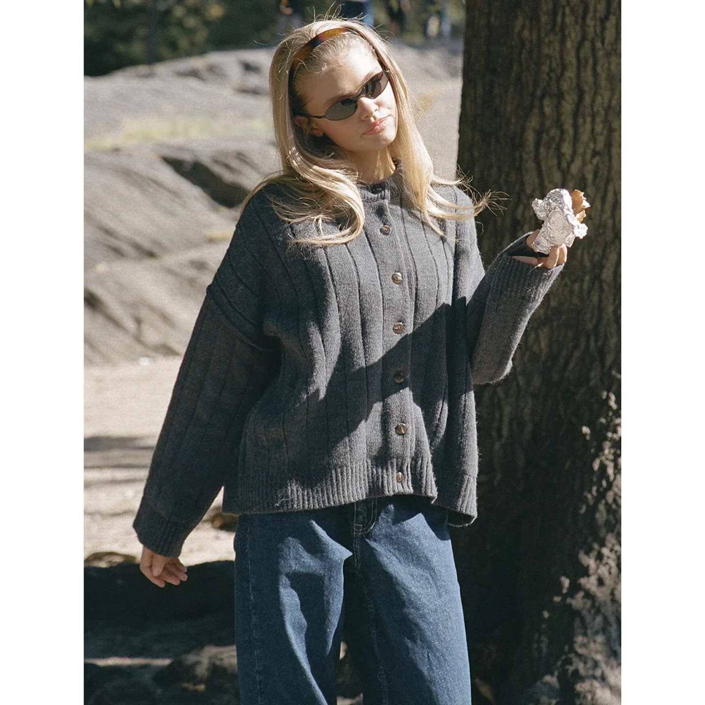 

Loose Knitted Sweater Cardigan round Neck Pit Striped Knitted Jacket European Style Women's Casual Long Sleeve Autumn Fashion