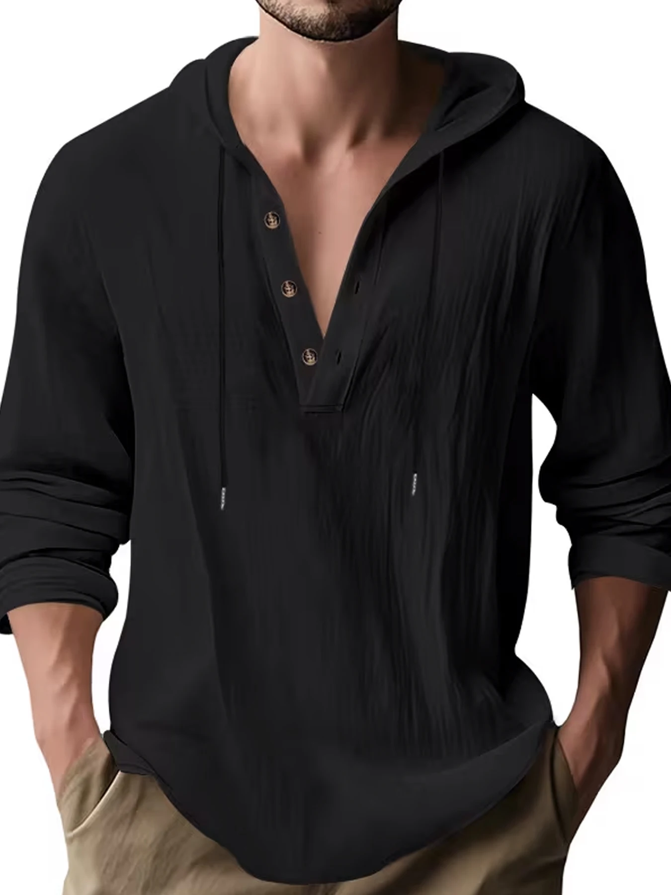 Herren Baumwoll-Leinen Kapuzen-Henley-Shirt Pullover Atmungsaktiv Bequem Neuer Stil Vielseitige Freizeitkleidung – Detail 15