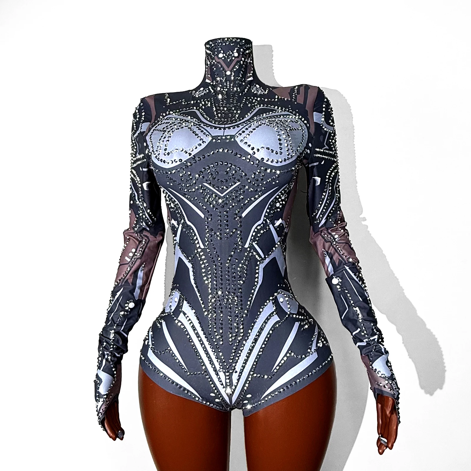 

Sparkly Rhinestones Long Sleeve Grey Bodysuit Birthday Party Dancer Group Jumpsuit Pole Dance Nightclub Halloween Stage Outfit